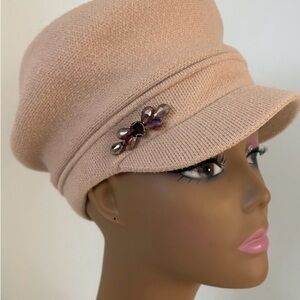 Elegant Almond Wool Cap with Jewel Accent